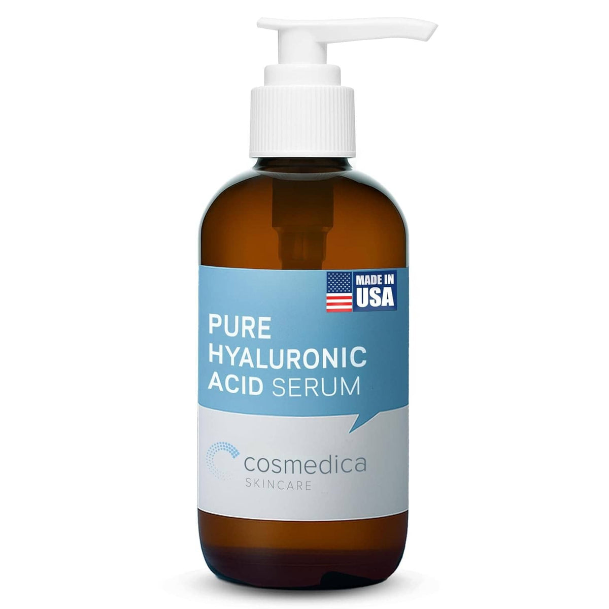 Hyaluronic acid serum bottle with white pump dispenser and amber glass