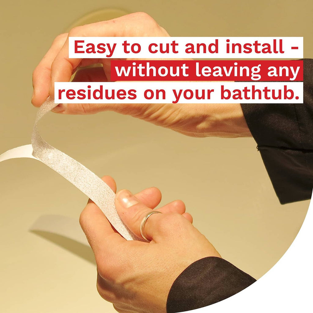 Clear textured anti-slip tape strip held by hands for bathtub application