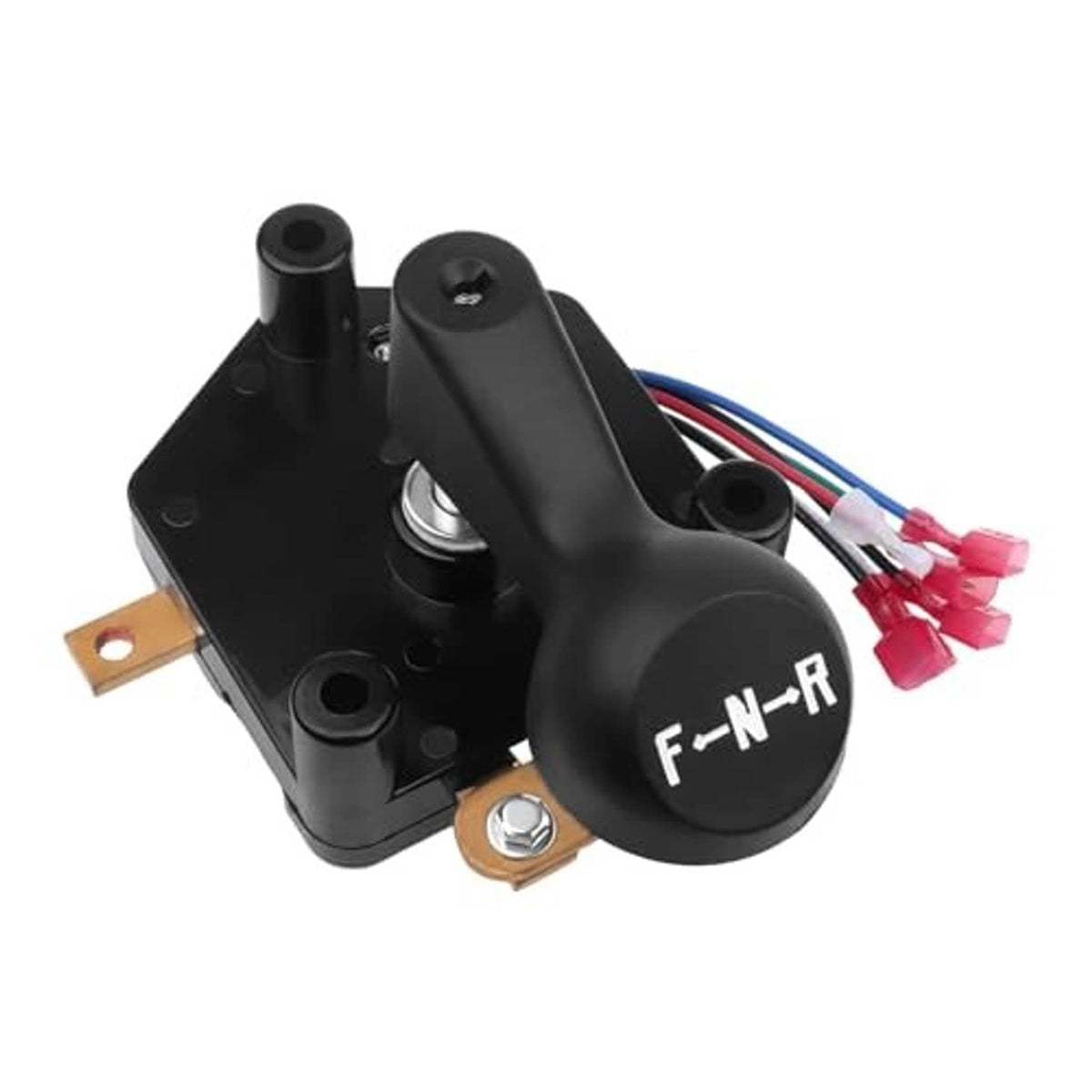 Forward/reverse switch assembly with black lever, F-N-R label, and red wire connectors