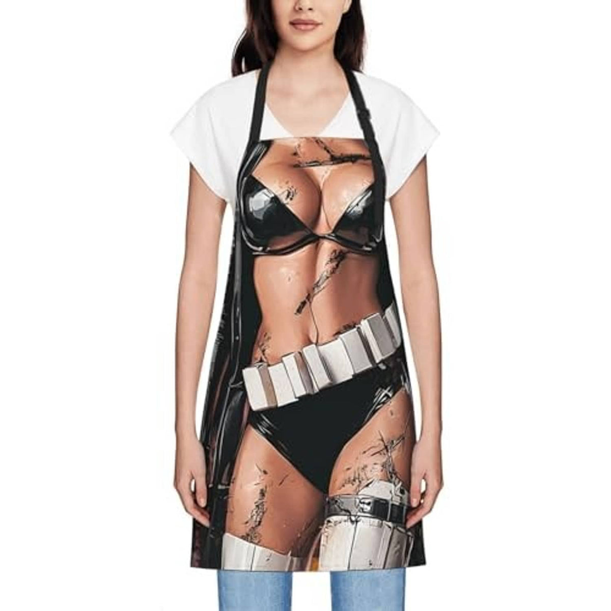 Black waterproof Halloween apron with skeleton graphic, wide neck straps and waist tie