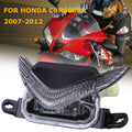 Motorcycle front headlight assembly with clear lens and chrome housing, black mounting brackets