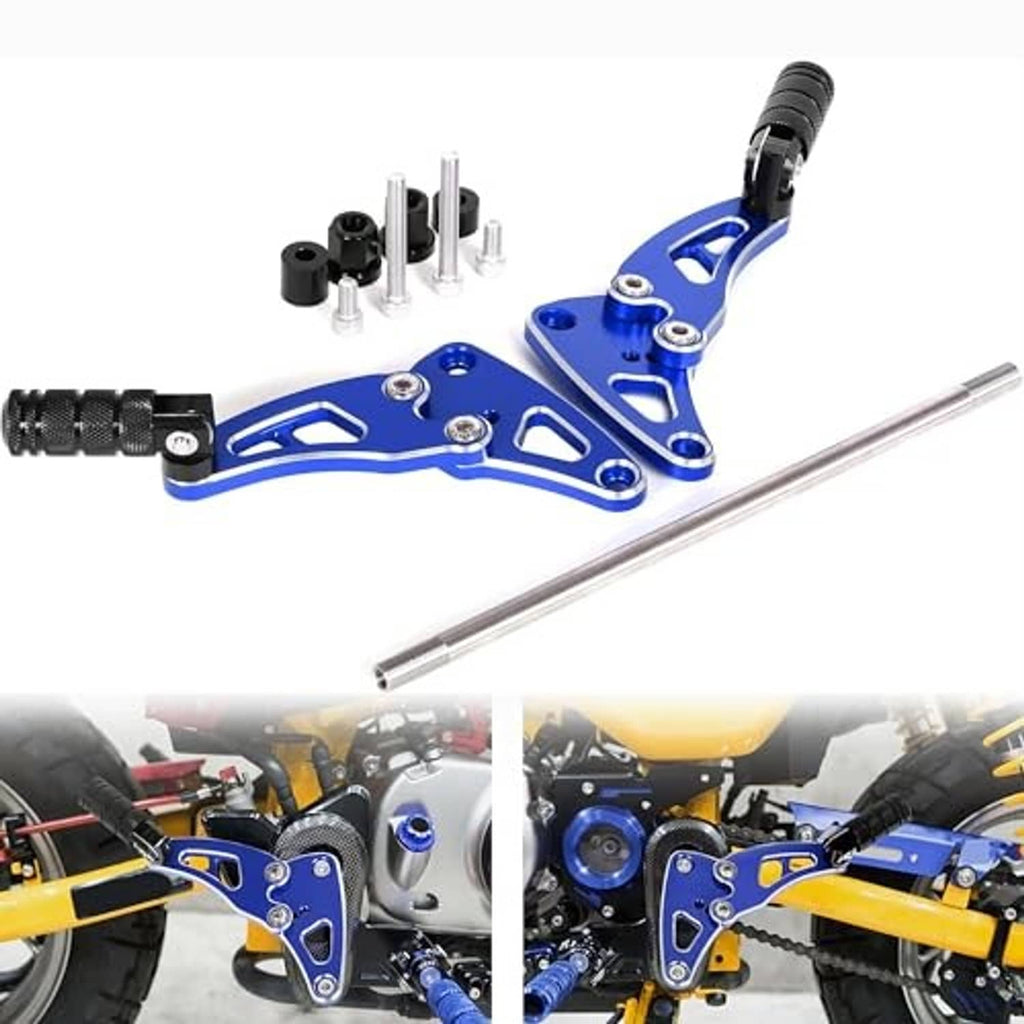 Blue folding rear footrest pegs with black rubber grips and silver support rod