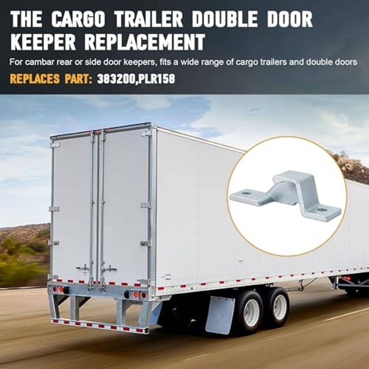 Metal cam door latch keeper with two mounting tabs and circular bolt holes