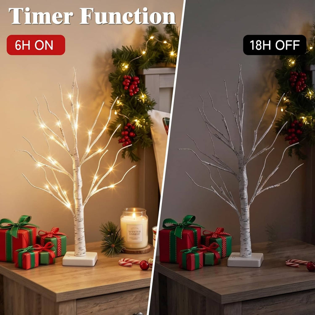 White LED birch tree decorations with warm lights on square bases, timer-style lighting