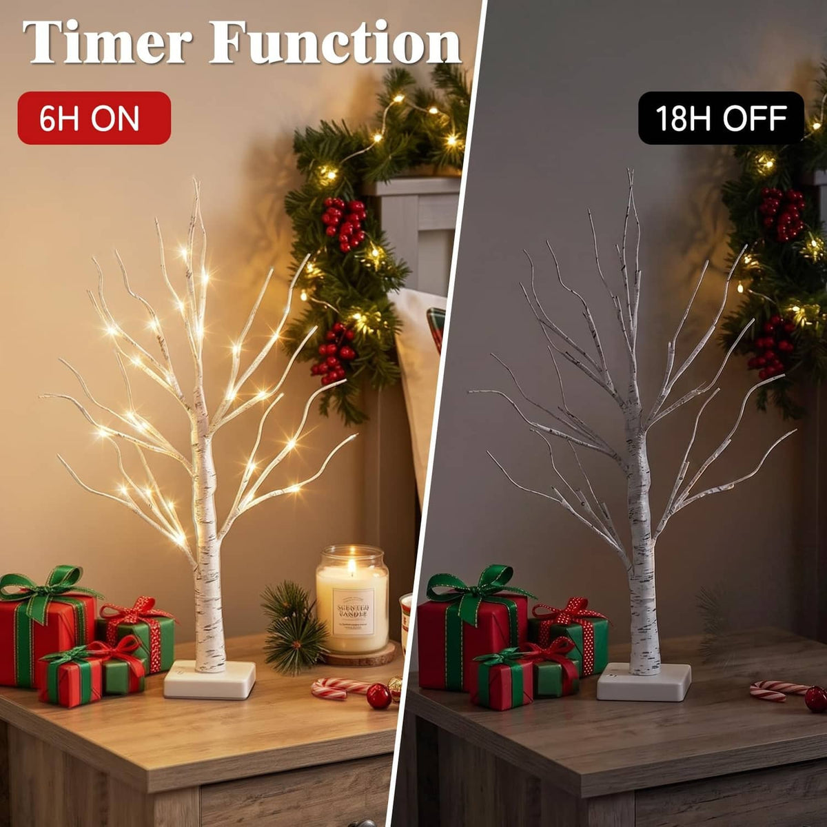 White LED birch tree decorations with warm lights on square bases, timer-style lighting