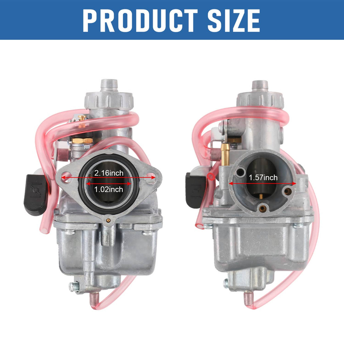 VM22 26mm carburetor kit shown from two angles with red intake hoses