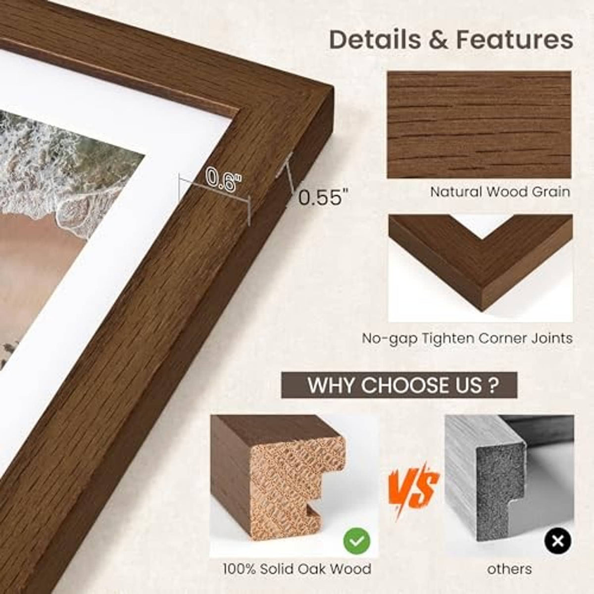Oak picture frame corner joint detail with natural wood grain, dark brown
