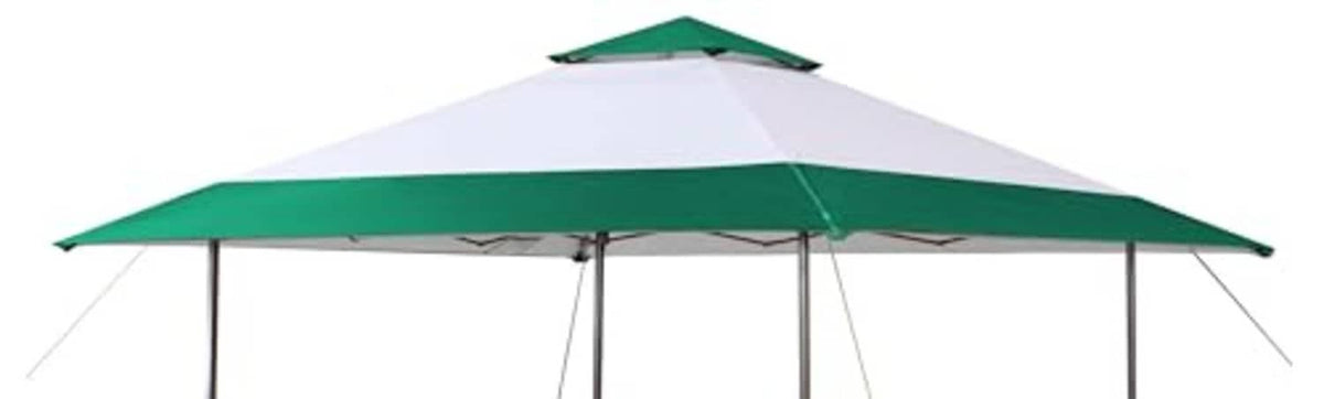 Forest green and white canopy replacement top with peaked roof and corner seams