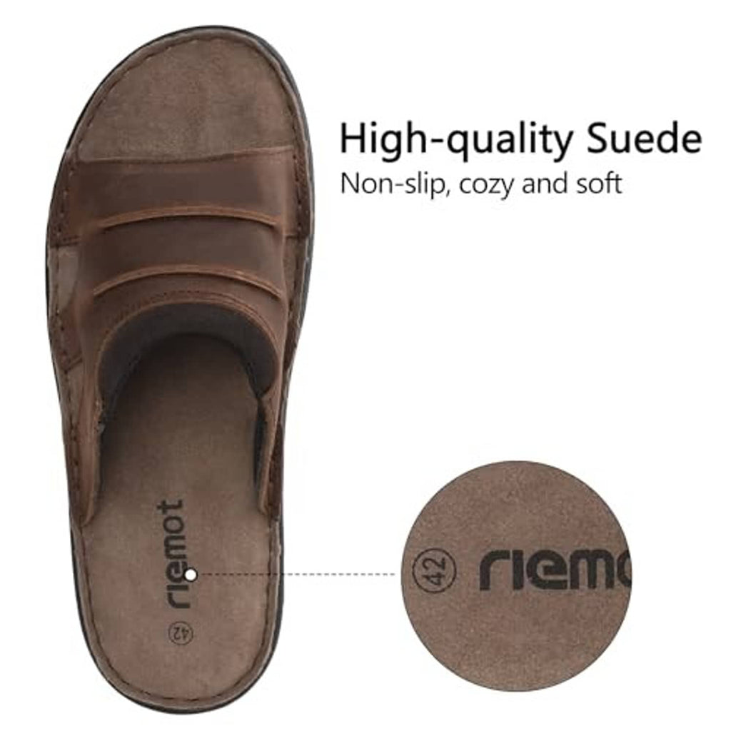 Dark brown suede-like interior lined slide sandal with soft footbed
