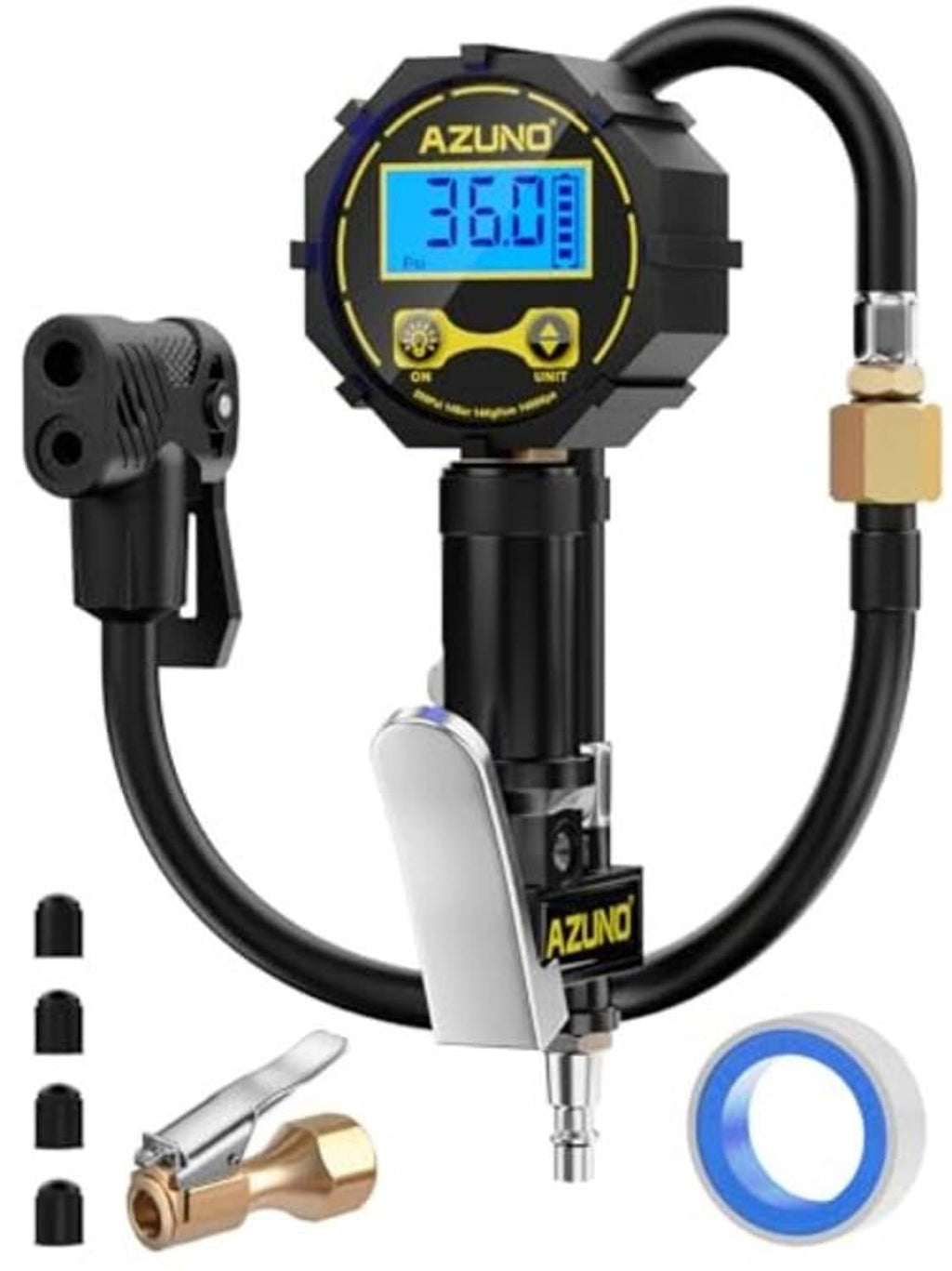 Digital tire inflator gauge with dual-port adapter, black hose and illuminated pressure screen
