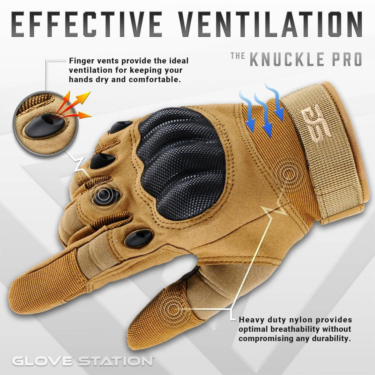 Tan tactical gloves with knuckle padding and finger vents for ventilation