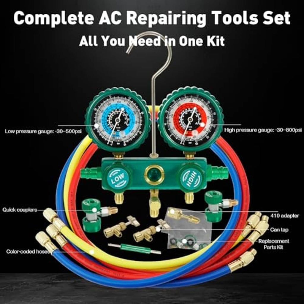 Complete AC repair tool set with green dials, color-coded hoses, quick couplers, adapters