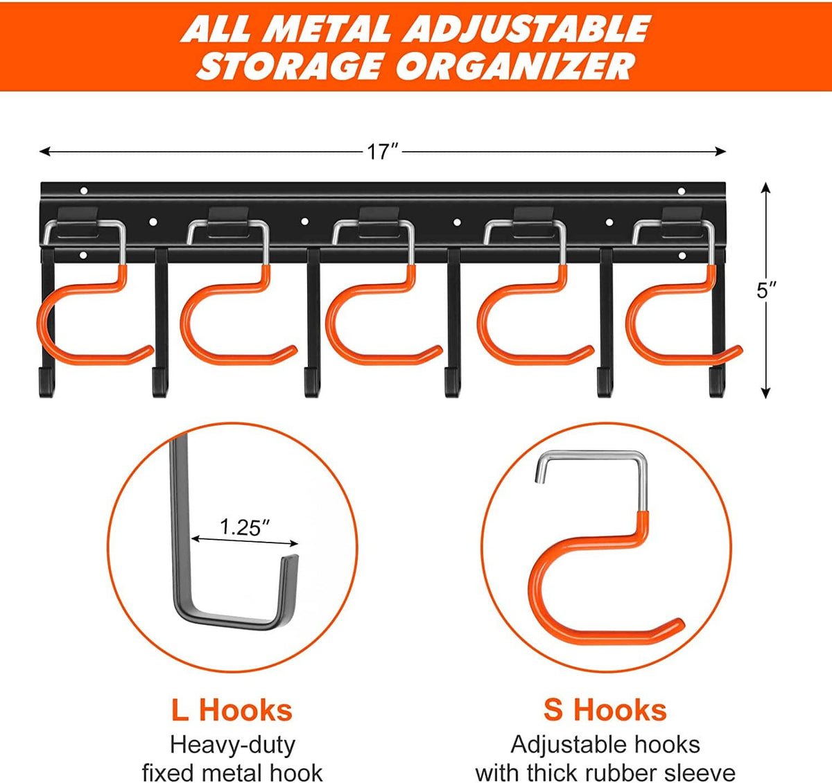 Adjustable metal wall mount organizer with rows of orange S hooks and L hooks