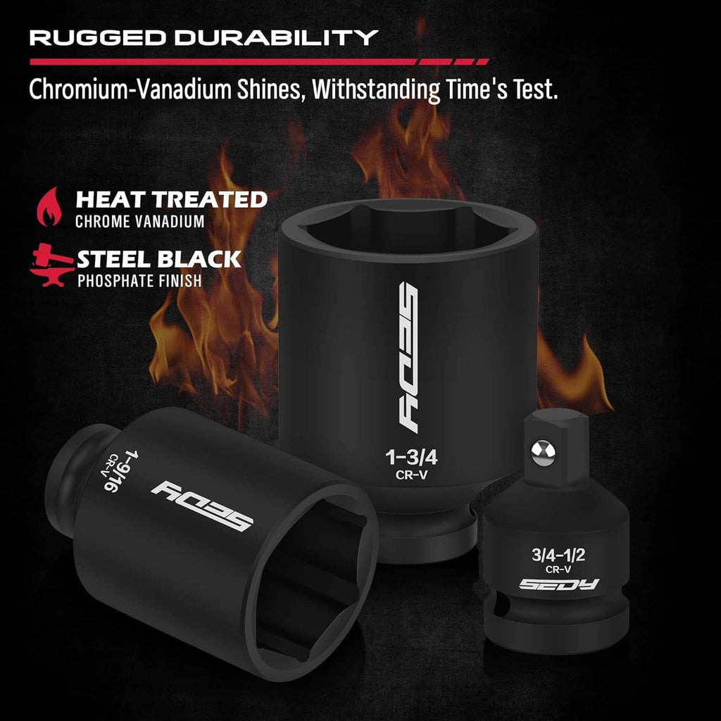 Black deep impact sockets with stamped size markings, including 1-3/4 in