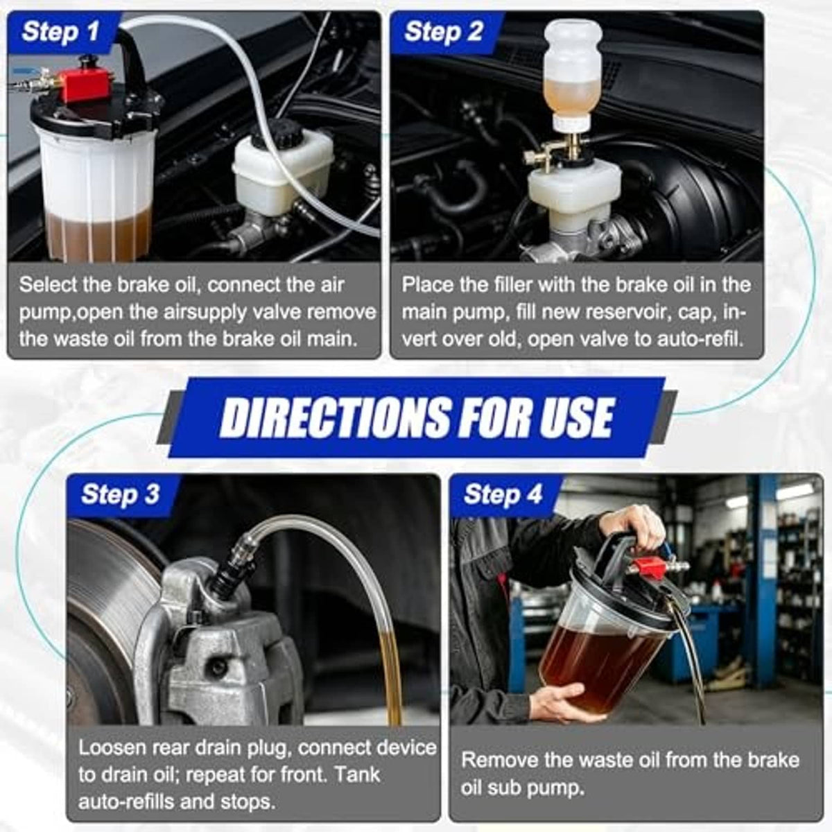 Vacuum brake bleeder kit usage steps showing pump, filler bottle, and drain connection