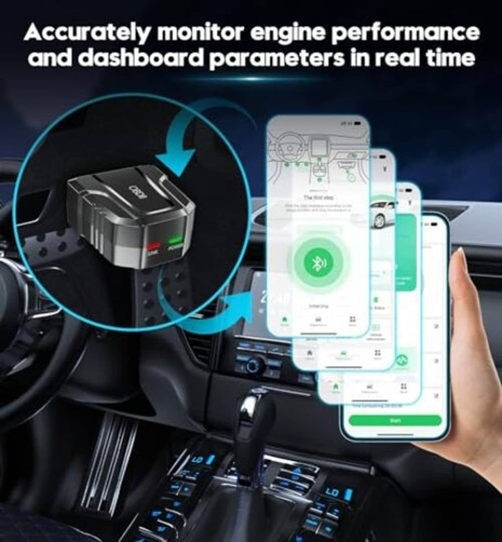 Black OBD2 Bluetooth scanner monitoring engine data in real time on connected phone