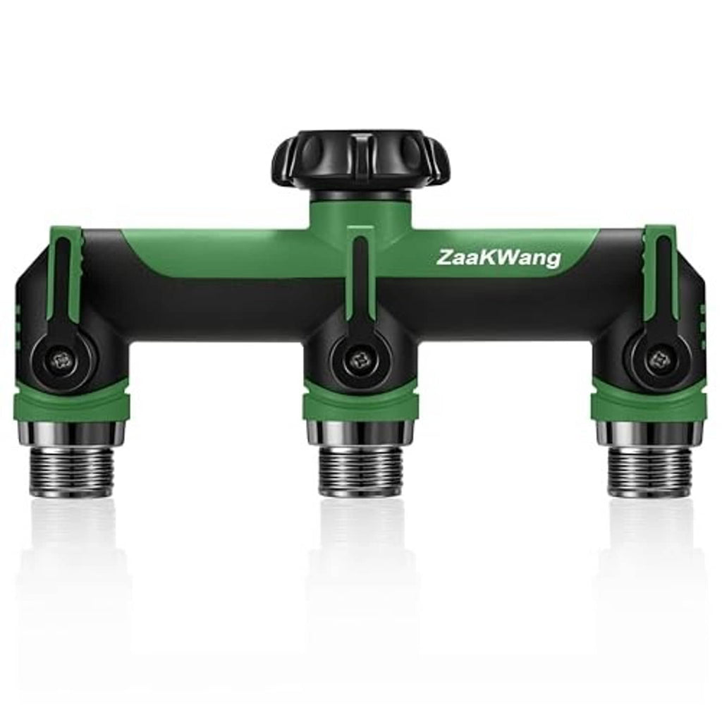 Green 3-way hose splitter with three outlet ports and black top TPR cover