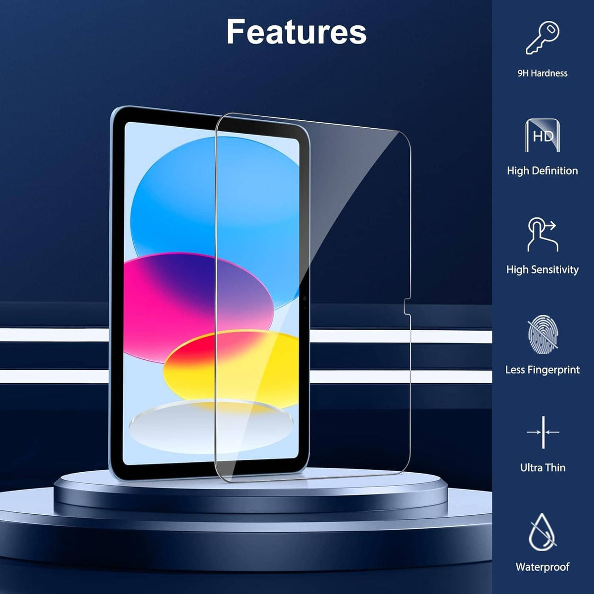 Tempered glass screen protector applied to iPad screen, ultra-thin clear finish