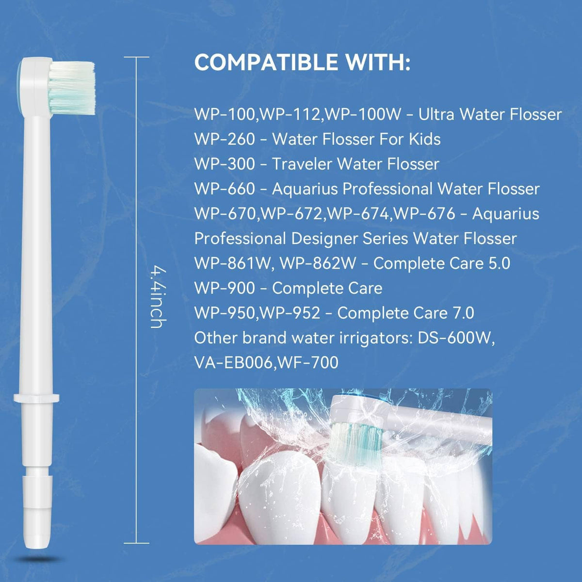 Water flosser replacement jet tip with white brush head and color ring connector