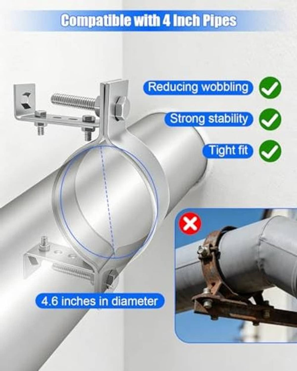 Adjustable 4-inch B-vent wall clamp bracket with split ring and threaded rods