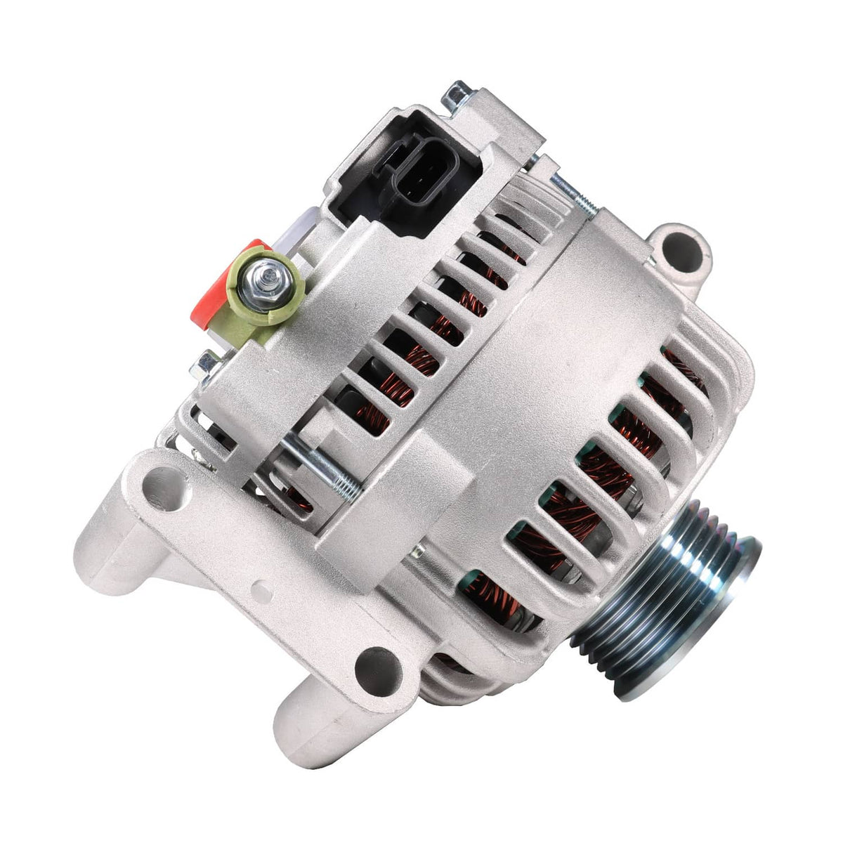 Automotive alternator with pulley, vented housing, and electrical connector