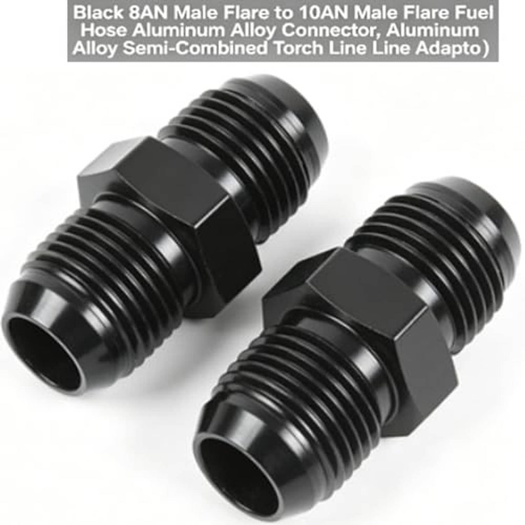 Black AN fuel hose connector pair, flare male ends, aluminum alloy, ridged threads