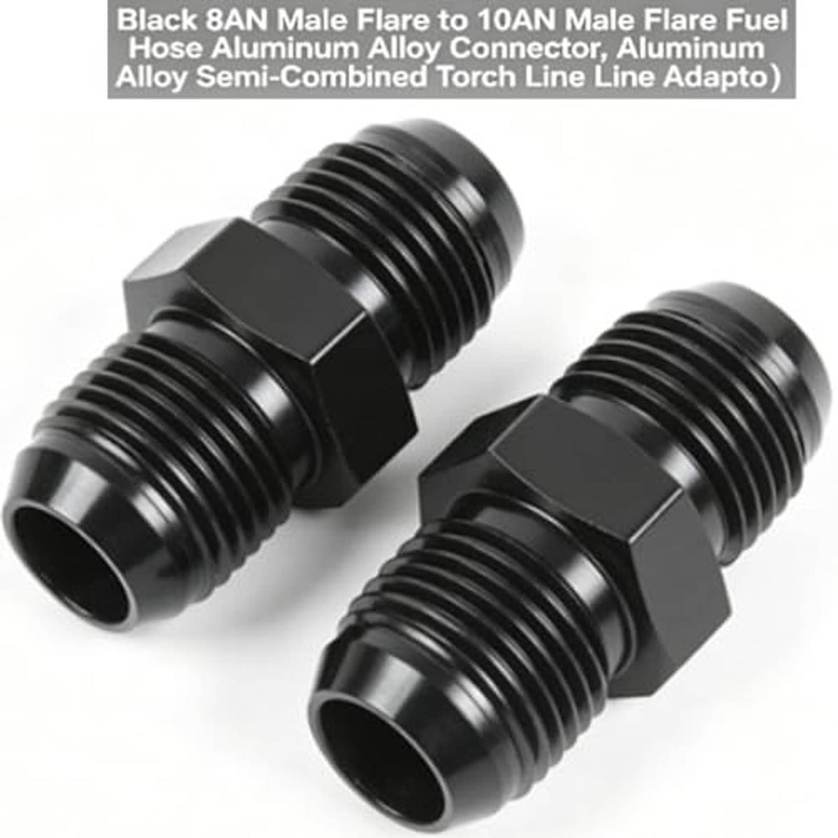 Black AN fuel hose connector pair, flare male ends, aluminum alloy, ridged threads