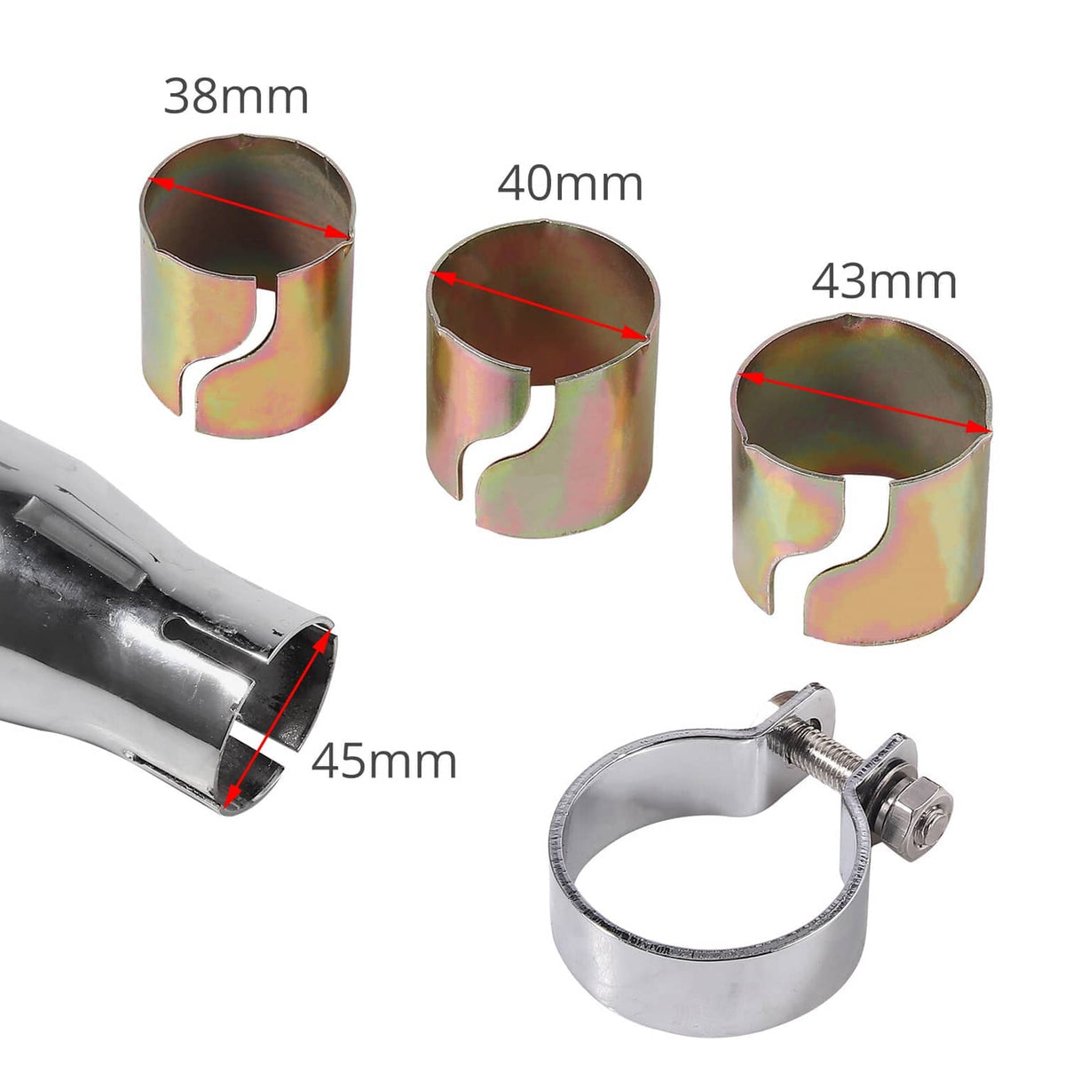 Exhaust mounting clamp sleeves and strap band, iridescent metal, universal fit