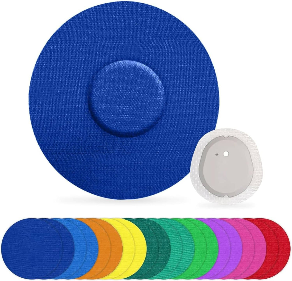 Blue circular adhesive patch set with gray backing and colorful patch strip