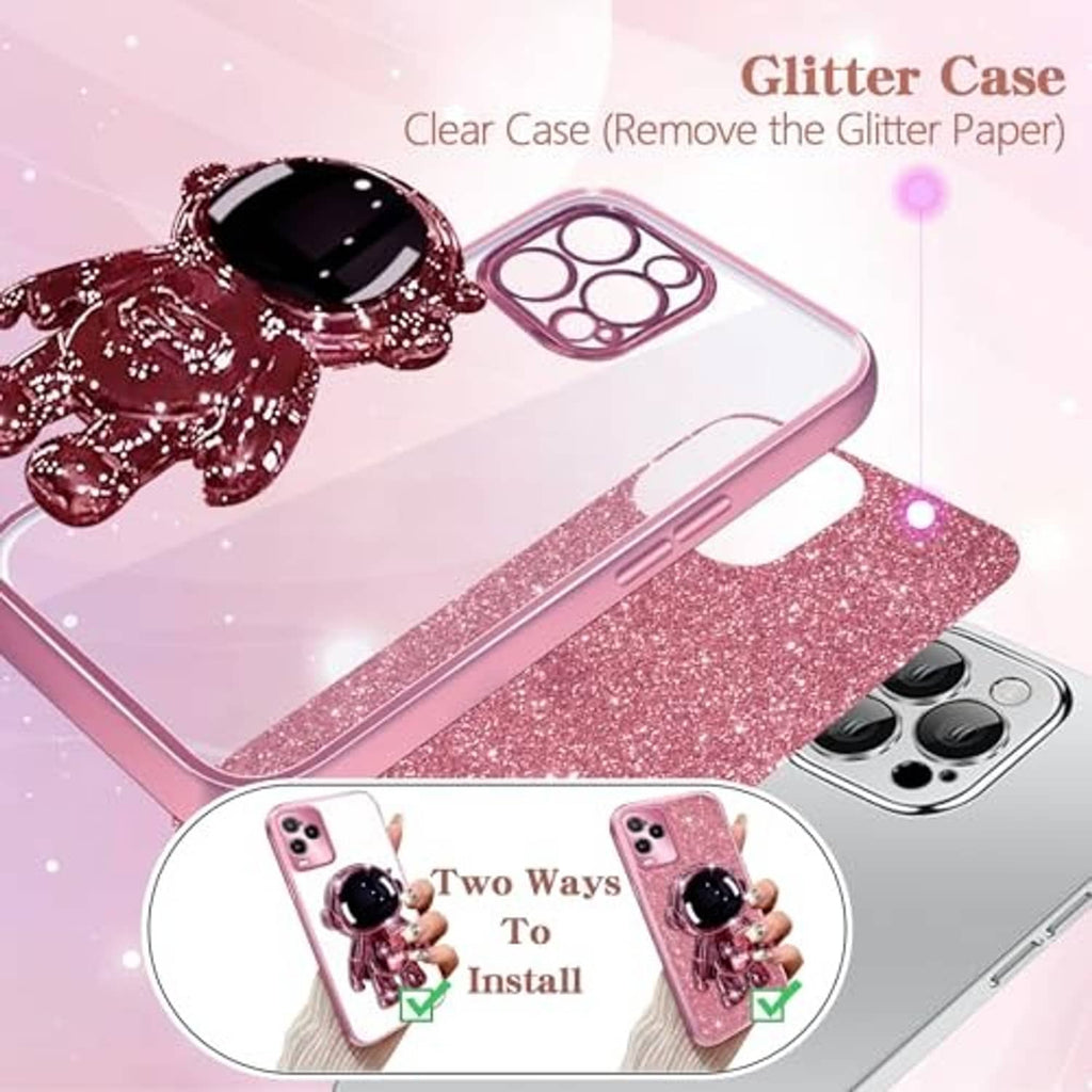 Rose gold glitter phone case with astronaut kickstand and clear protective layer