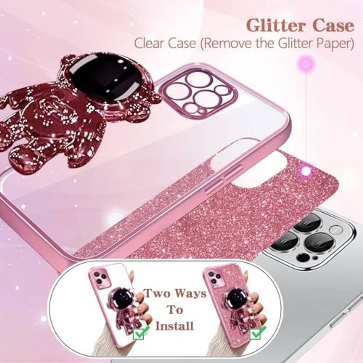 Rose gold glitter phone case with astronaut kickstand and clear protective layer