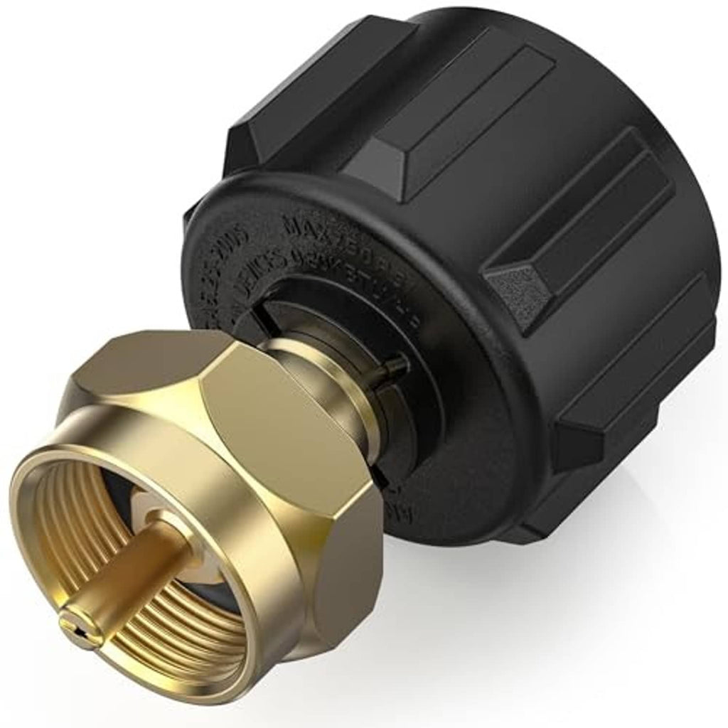 Propane refill adapter with black housing and brass connector fittings