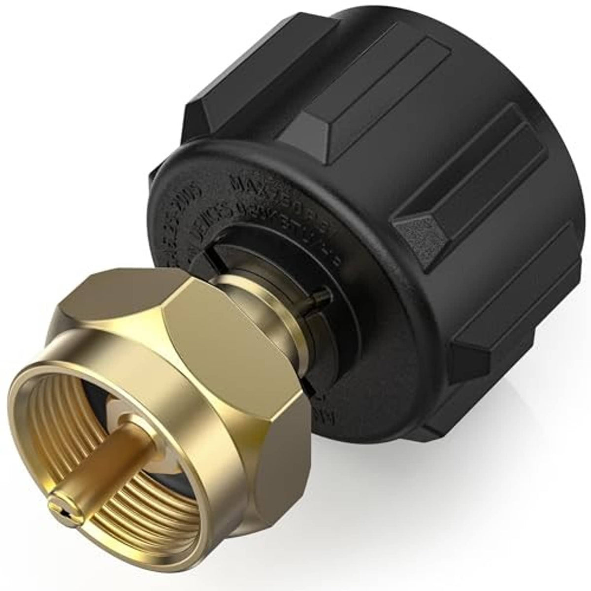 Propane refill adapter with black housing and brass connector fittings