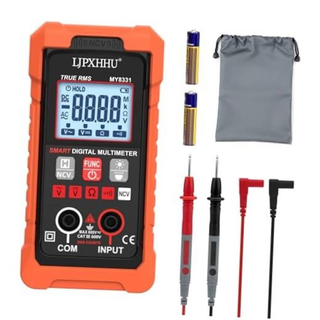 Orange digital multimeter with backlit screen, dial, and COM/input ports