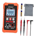 Orange digital multimeter with backlit screen, dial, and COM/input ports