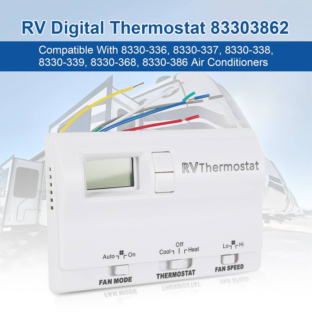 White RV digital thermostat front panel with LCD display and labeled fan speed controls