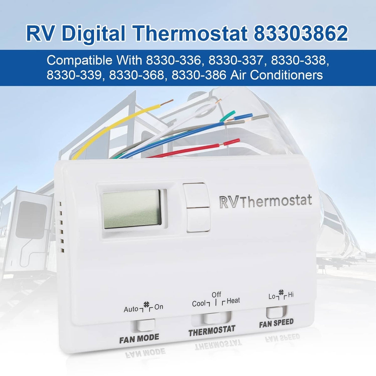 White RV digital thermostat front panel with LCD display and labeled fan speed controls