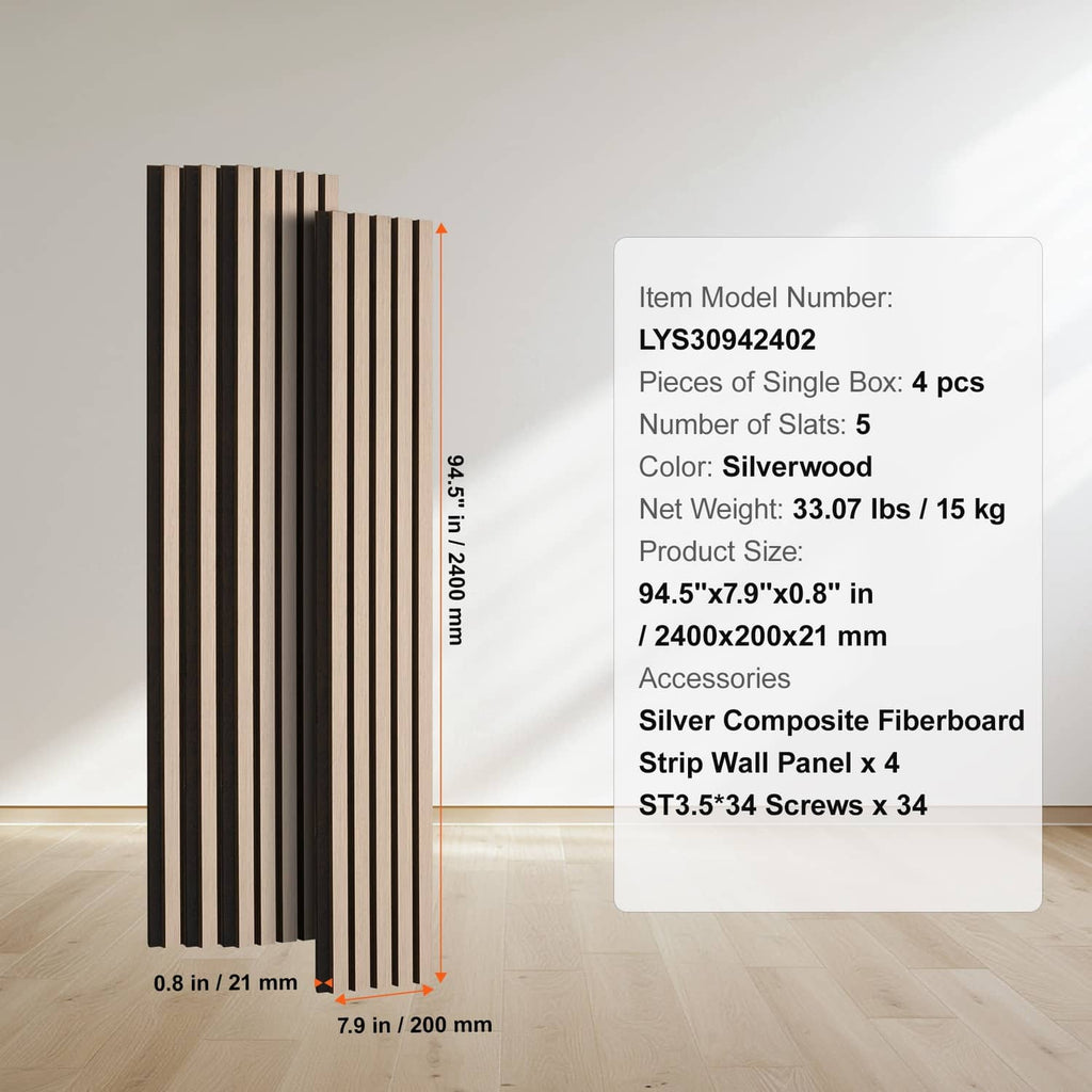 Wood slat acoustic panel with item details box; silver composite strip design