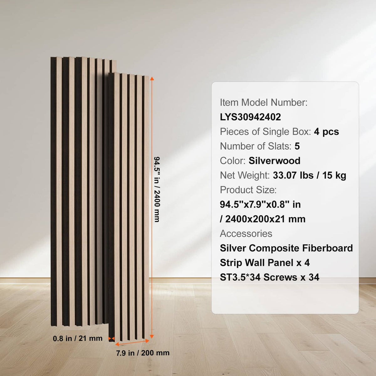 Wood slat acoustic panel with item details box; silver composite strip design