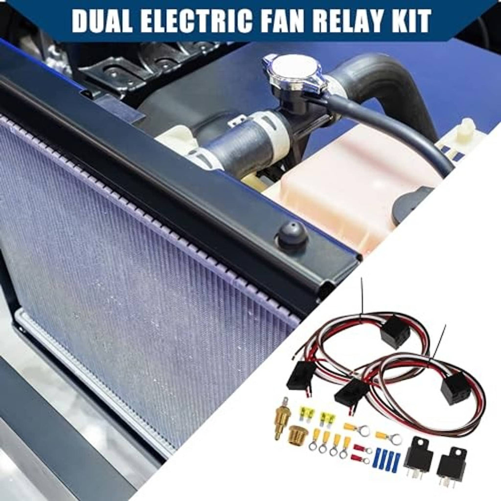 Electric fan relay kit installed at radiator with wiring harness and relay modules