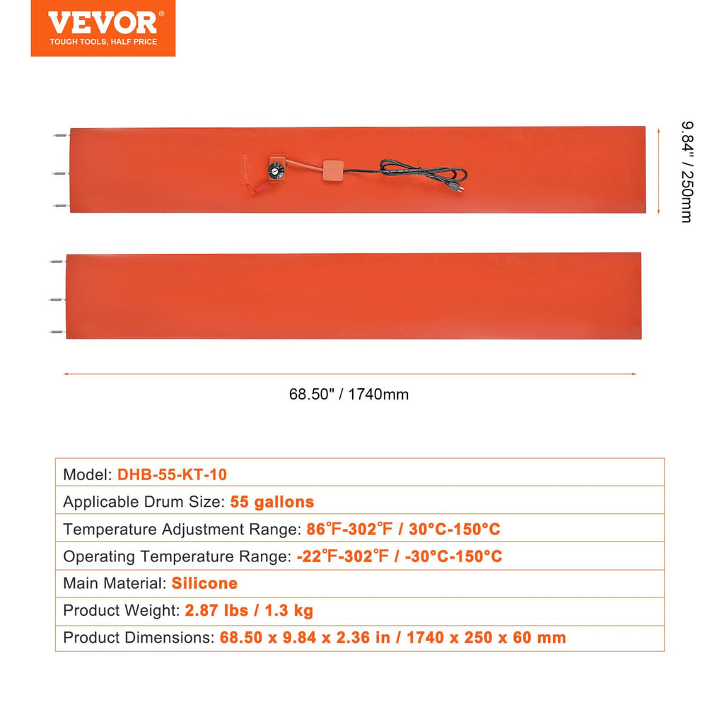 Orange silicone drum heater band with thermostat and power lead on size chart