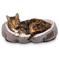 Gray ribbed round cat bed with plush lining; tabby cat resting inside