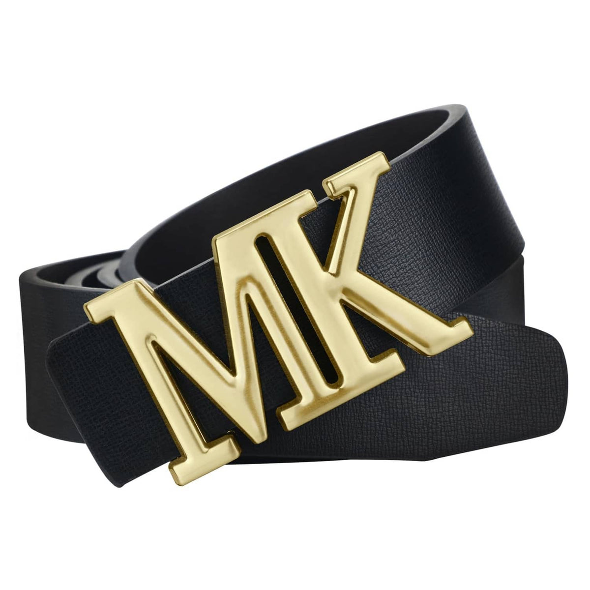 Black leather belt with bold gold MK buckle centered on textured strap