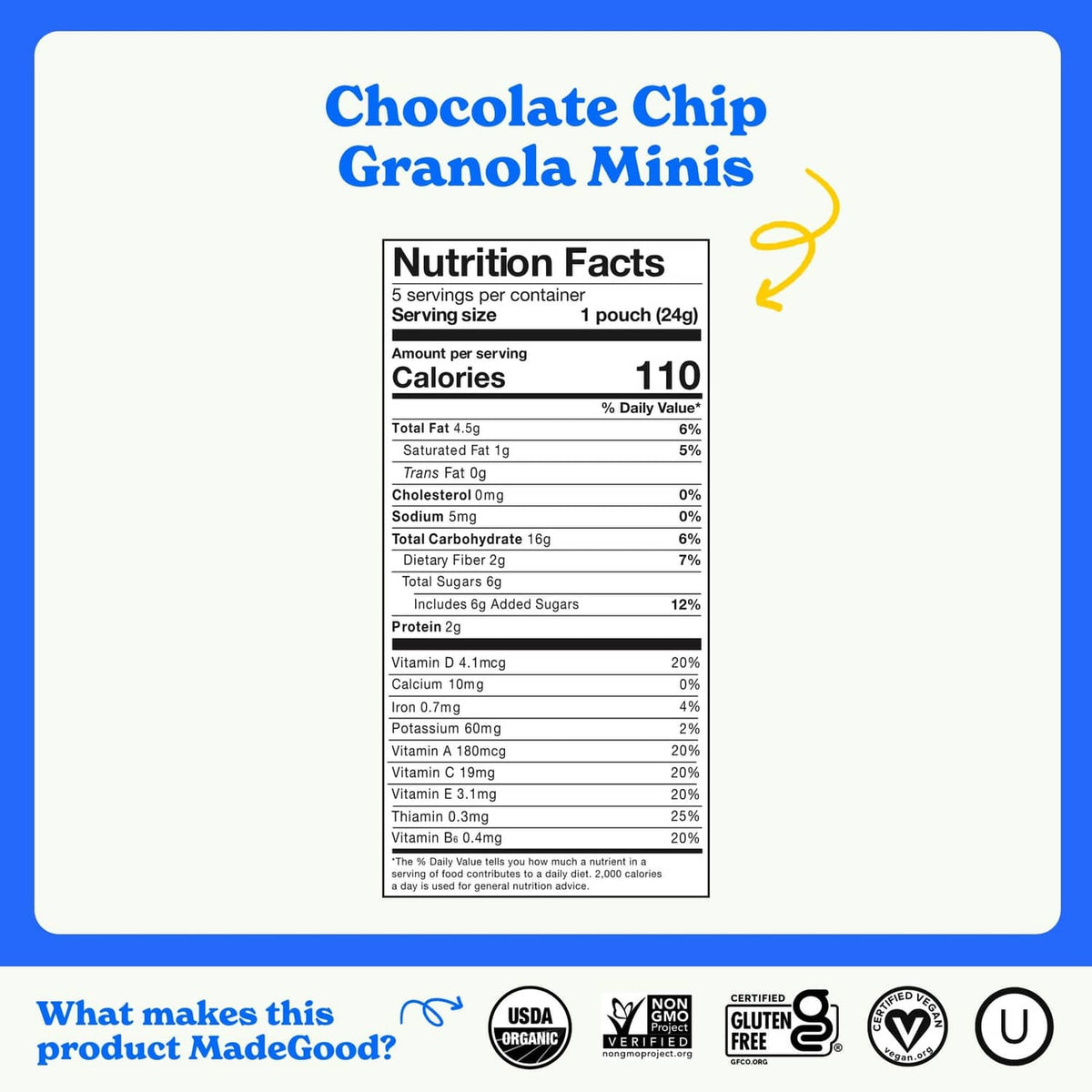 Chocolate chip granola minis nutrition facts panel with organic and gluten-free badges