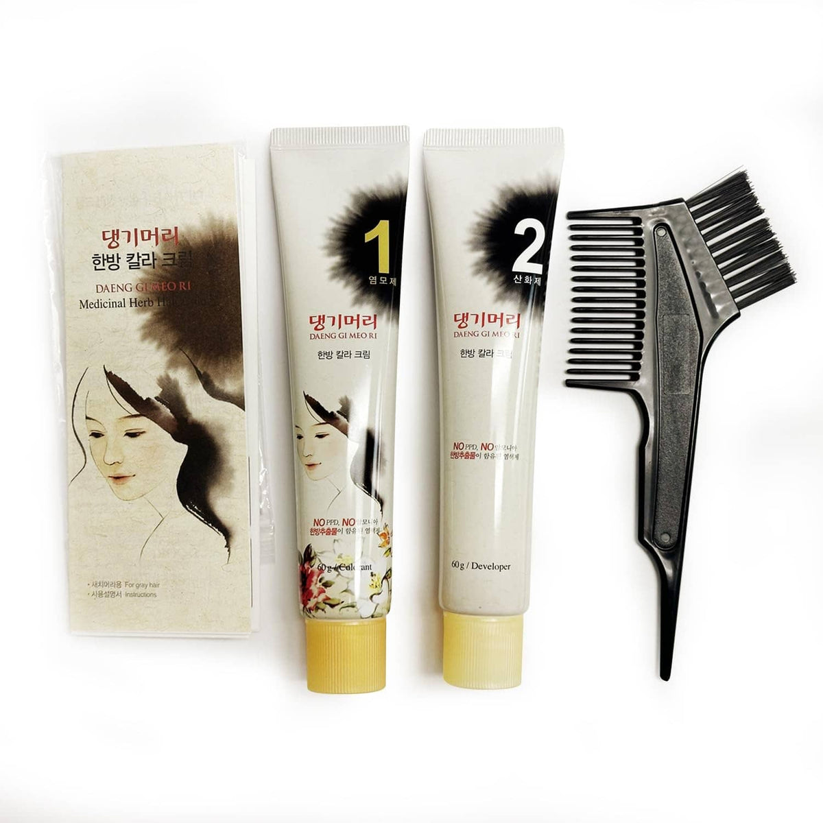 Daeng Gi Meo Ri hair dye kit: two tubes, numbered applicator comb, and instruction pouch