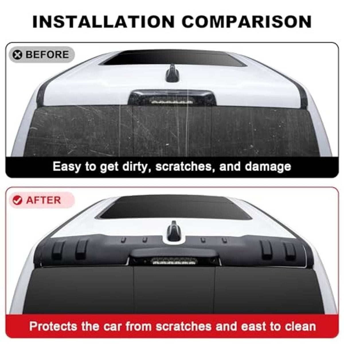 Black rear roof spoiler protector on vehicle rear roof, smooth protective cover
