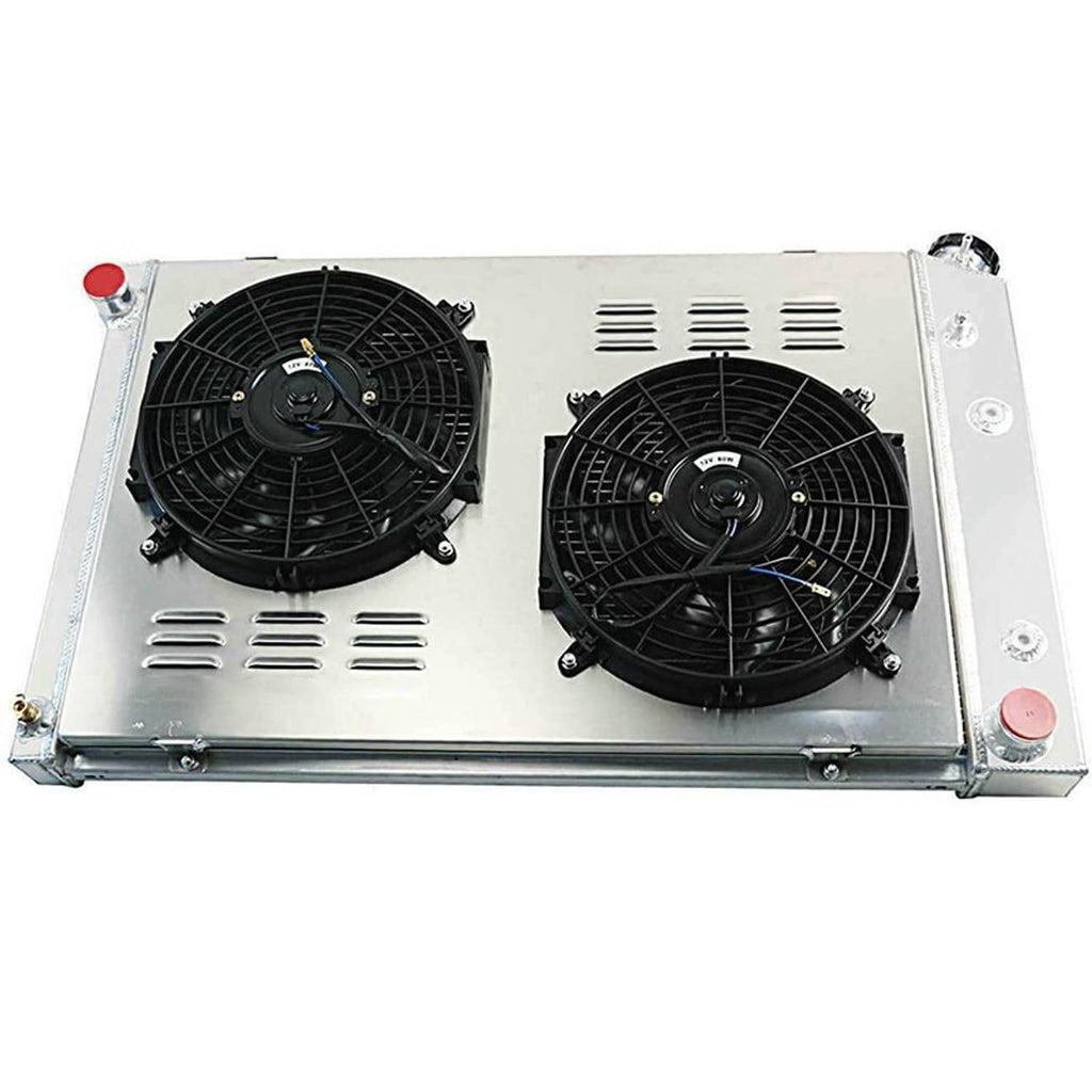 4-row radiator with dual black fans on silver aluminum core and vents