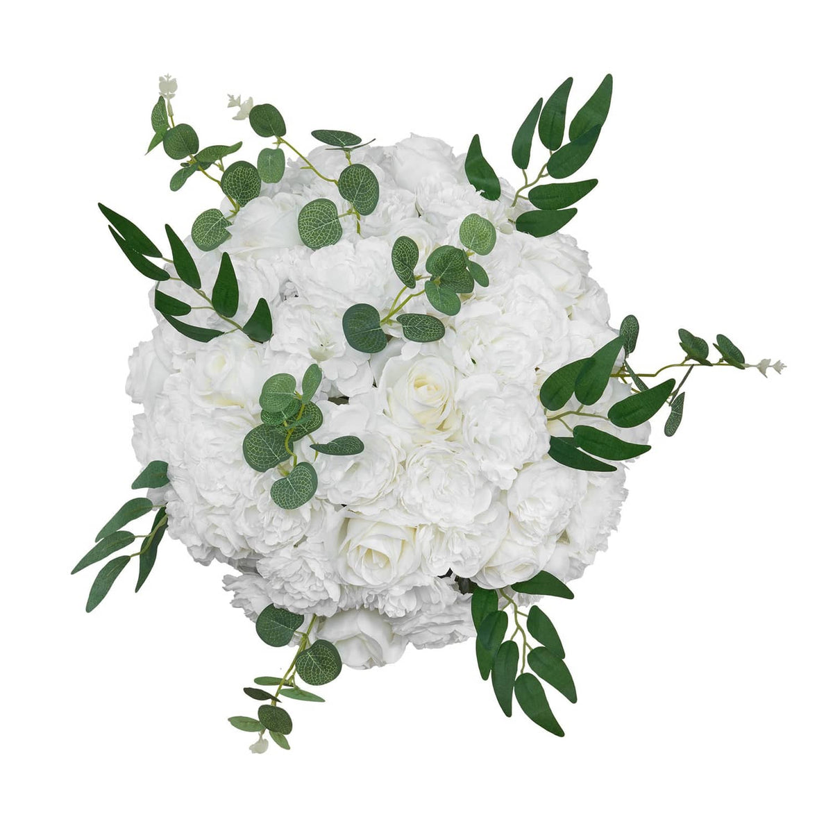 Artificial white rose flower ball with green leaf accents, full view