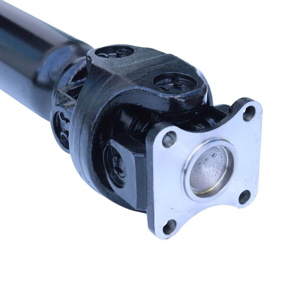 Rear driveshaft prop shaft assembly with yoke and flange, black housing, bolt holes