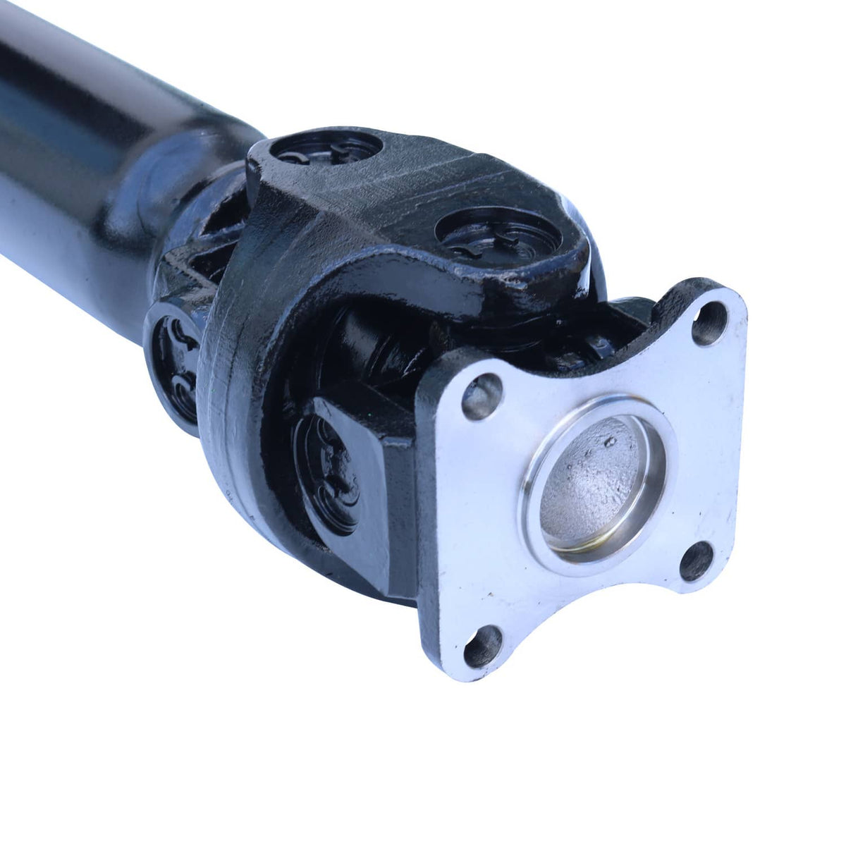 Rear driveshaft prop shaft assembly with yoke and flange, black housing, bolt holes